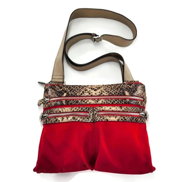 Brighton GoGo Red Nylon Black-Tan Snake Print Leather Convertable Crossbody Bag - Picture 2 of 16